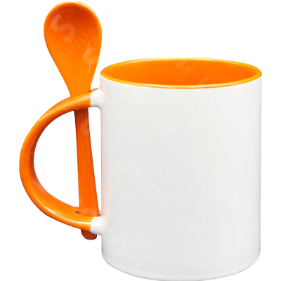 Taza de cerámica 11oz Con Interior y cuchara naranja